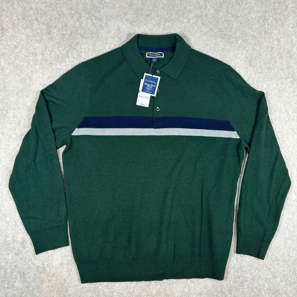 Club Room Polo Sweater Mens‎ Large Green Merino Wool Blend Striped 1216